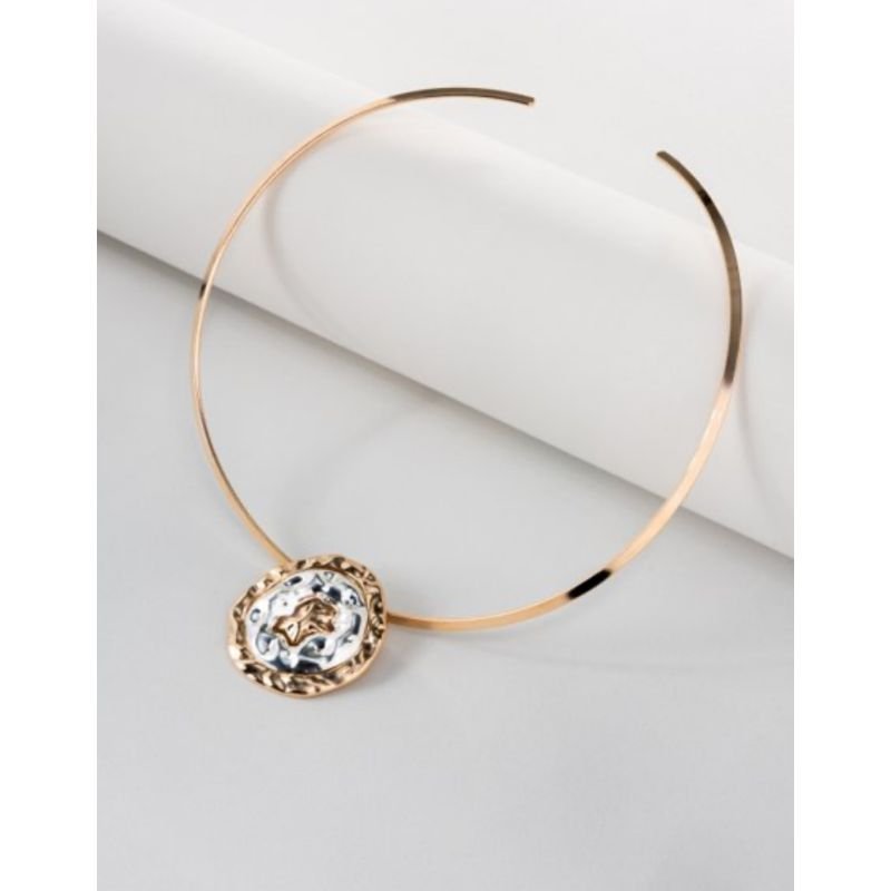 Choker aro duo banho pingente redondo martelado