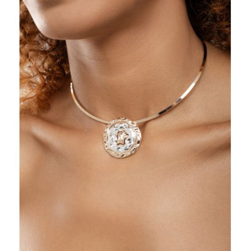 Choker aro duo banho pingente redondo martelado