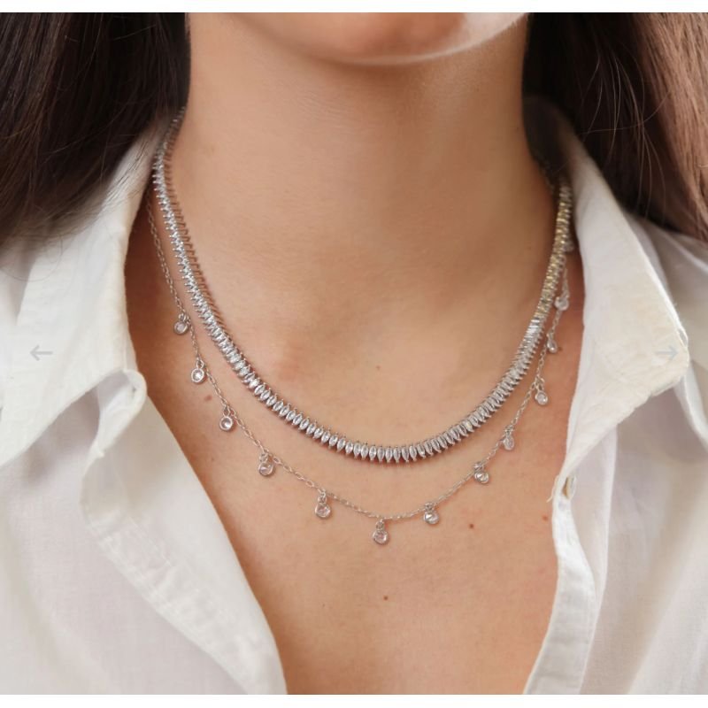 Choker riviera baguete cristal banho de prata luxo