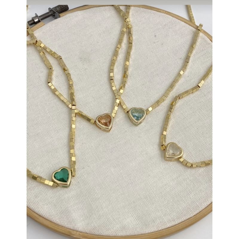 Colar coração azul canutilho banho ouro