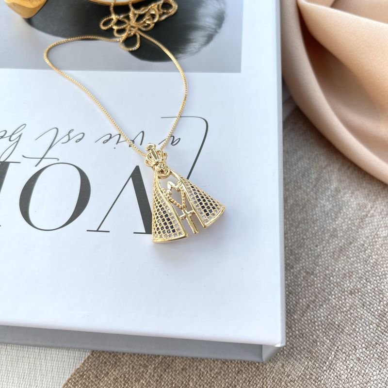 Colar Nossa Senhora cravejado com zircônia azul