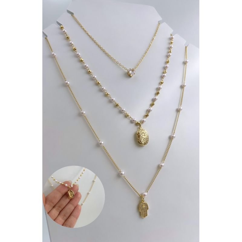 Colar triplo patuá pérola banho ouro