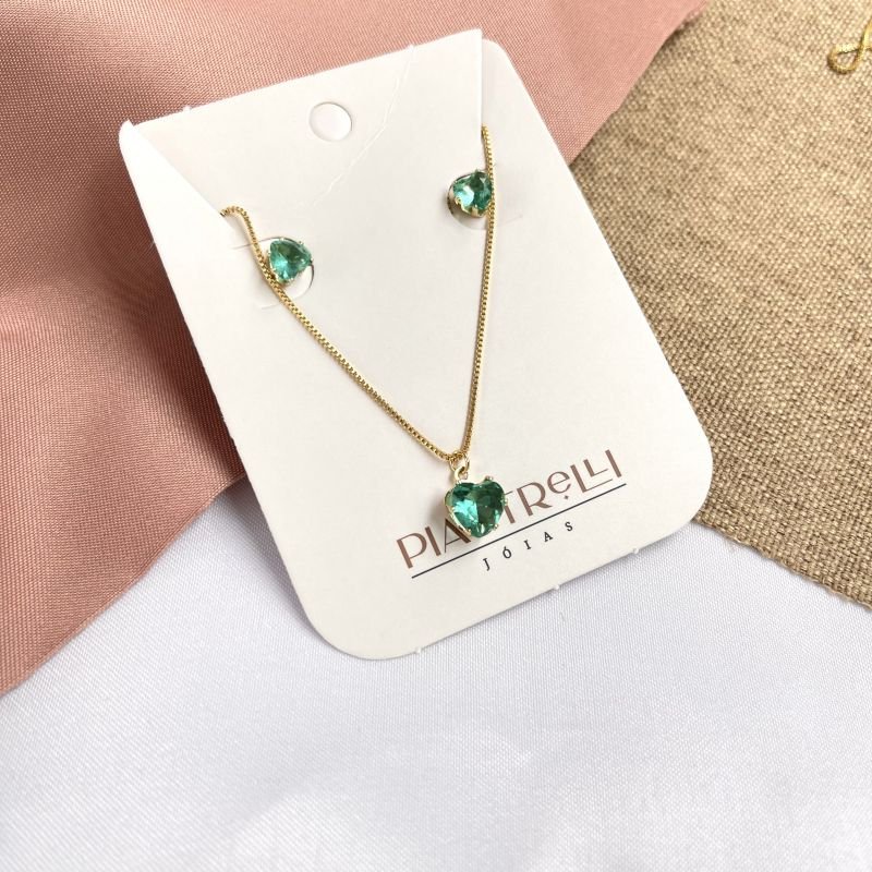 Conjunto colar e brinco coração esmeralda