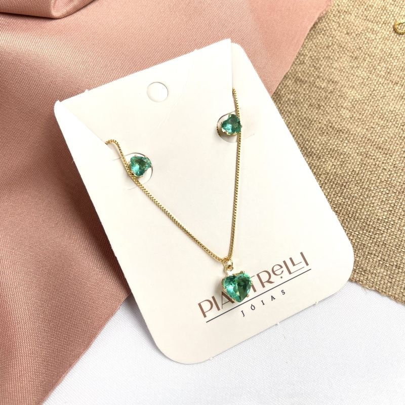 Conjunto colar e brinco coração esmeralda