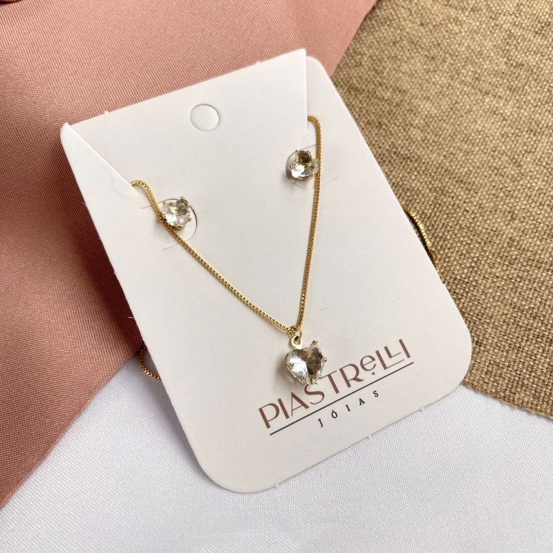 Conjunto colar e brinco de coração cristal banho ouro