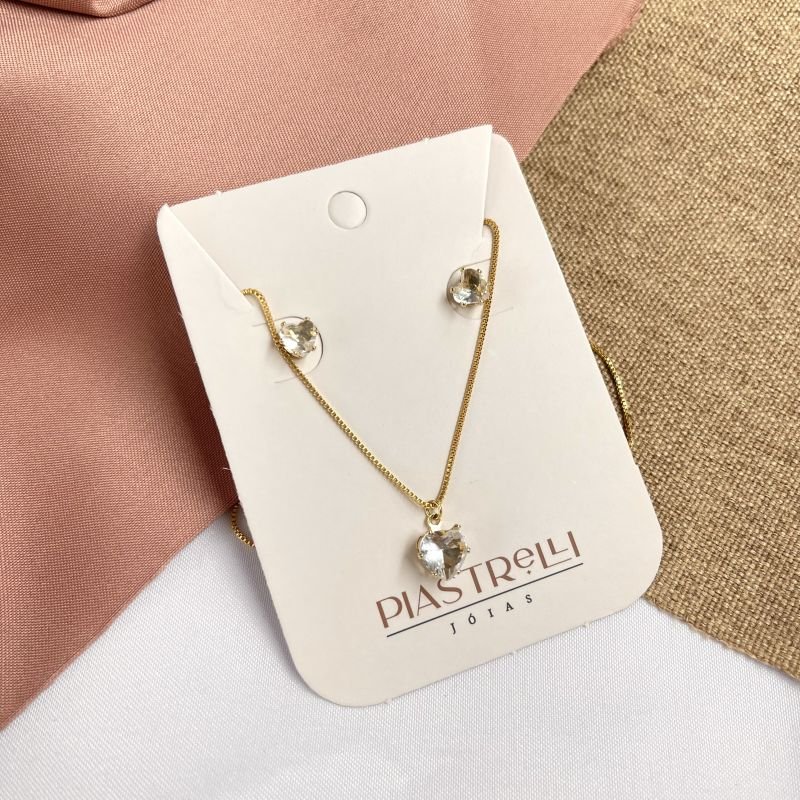 Conjunto colar e brinco de coração cristal banho ouro