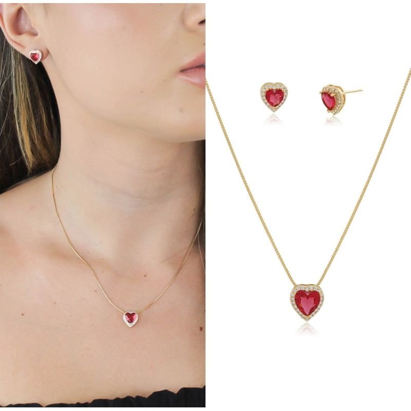 Conjunto coração cravejado fúcsia