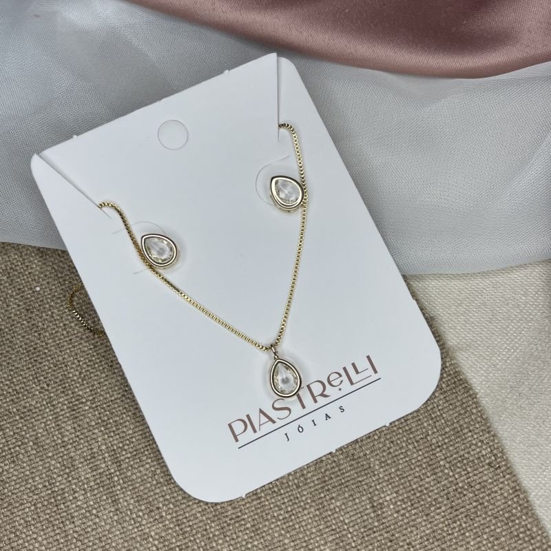 Conjunto gotinha cristal transparente banho ouro