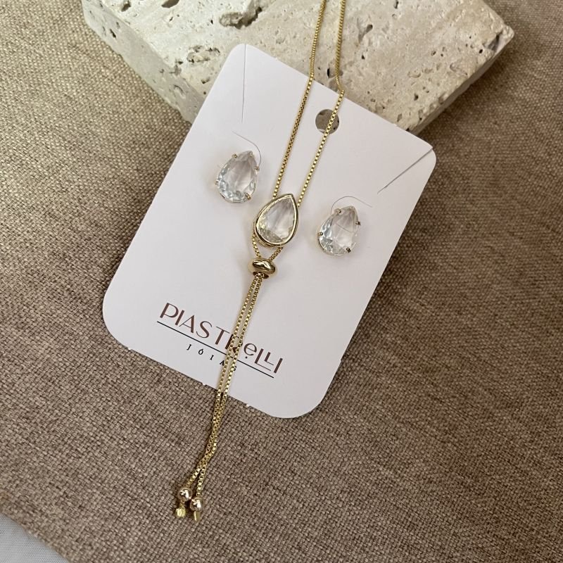 Conjunto gravatinha cristal banho ouro