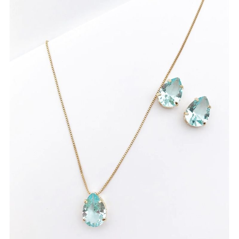 Conjunto madrinha azul Acqua folheado a ouro
