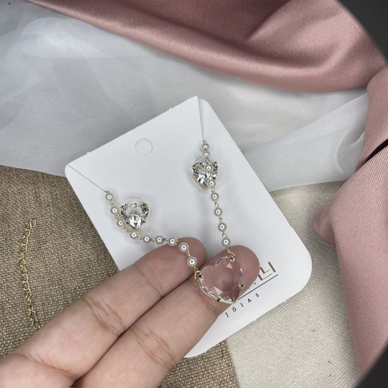 Conjunto pérola coração cristal
