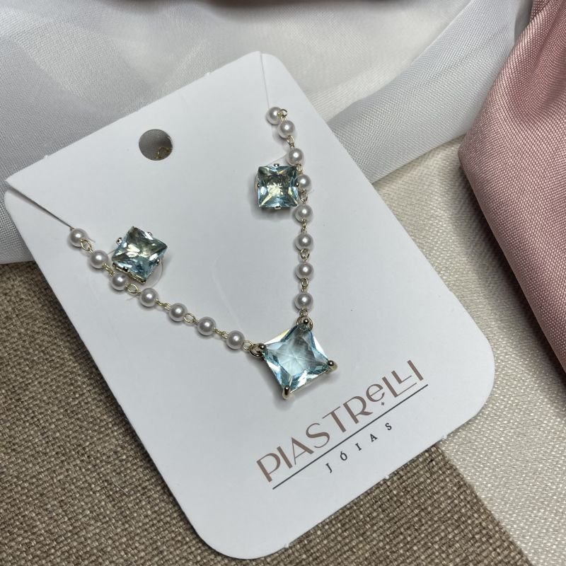 Conjunto pérola cristal acqua quadrado