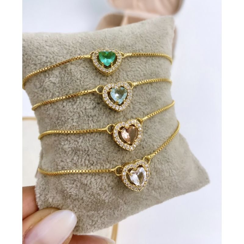 Pulseira coração cristal zircônia fecho joia