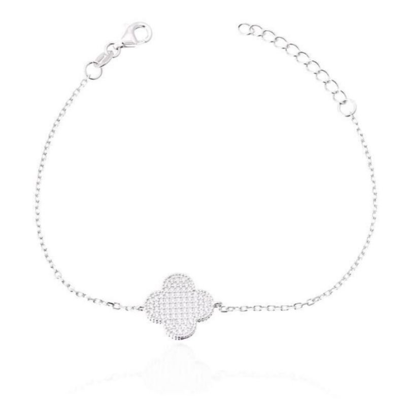 Pulseira trevo único cravejado banho prata
